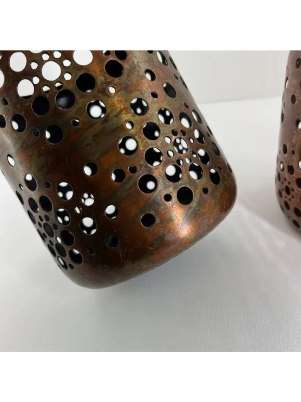 Set of 2 Pierced Copper Metal Candle Holders Votive Lanterns Rustic Decor